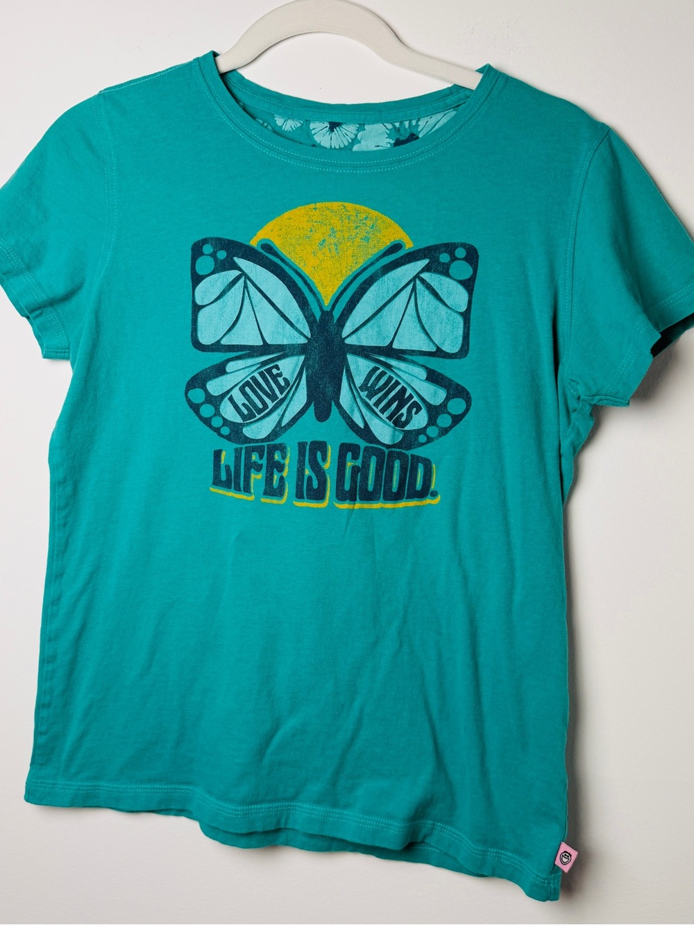 Life Is Good Butterfly Love Wins Tee Shirt Turquoise Small GUC Super Soft Cotton